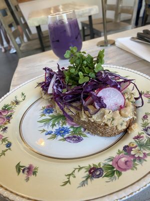 Chickpea toast with tea latte  at Fiddlehead Fern Cafe in St Louis