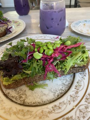 Avocado toast with tea latte  at Fiddlehead Fern Cafe in St Louis