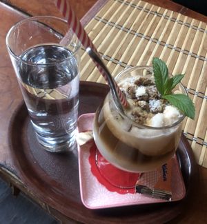 Vegan ice coffee with coconut syrup, rice mylk, peanut ice cream and Manner wafer pieces. 10/10 at Kavarna Bodi in Ptuj