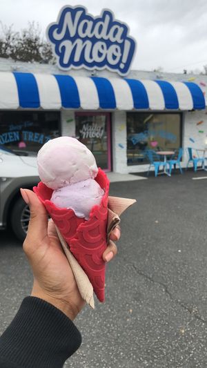 Lavender rose (I think) & Lavender blueberry  on a vanilla cone. Yummmmm at NadaMoo! Scoop Shop in Austin