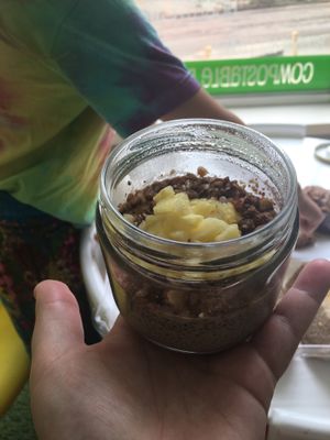 Chocolate chia pudding with pineapple (vegan)  at Juice Cafe in Tamarindo