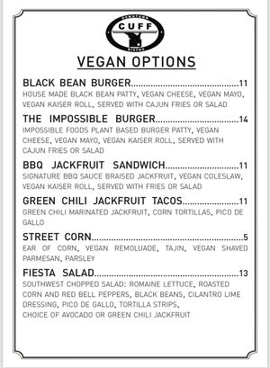 Vegan Menu at CUFF in Glendale