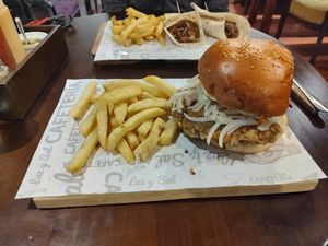 Lentil burger with fries at Luz y Sal in Cuenca