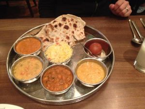 Platter of many different vegetarian dishes at Woodlands - Leicester Square in London