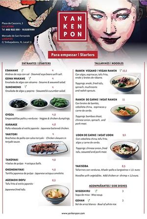 Current menu, with vegan options clearly labelled at Yan Ken Pon - La Latina in Madrid