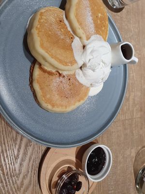 Pancakes with whipped soy cream and berry and jam on the side. at Shiro Cafe in Tokyo