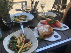 Nudelsalat, Focaccia und Wassermelone  at Brasserie en Rose in Stein Am Rhein
