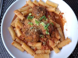 Vegan meatball riggies (Impossible) at Pastabilities in Syracuse