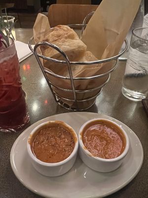 Bread with Vegan Riggies Sauce and vegan Vodka Sauce   at Pastabilities in Syracuse