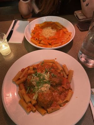 (top) Pink Vodka Cream (bottom) Spicy Meatball Riggies  at Pastabilities in Syracuse