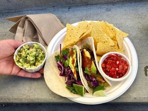 The taco meal - 2 vegan tacos, salsa, guac, and chips!   at Two Crows Tacos - Food Truck in Missoula