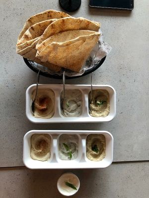 Three dips and leb bread at Vegan Lebanese Street Food in Bondi