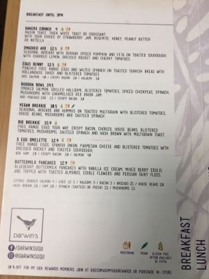 Breakfast menu at Darwin's in St Lucia