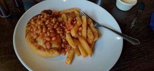 Meatless Cornish Pasty with chips and beans at The Pierhead Tavern in Isle Of Arran