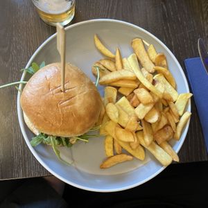 SPICY VEGAN BURGER (served with crisp rocket, tomato, burger sauce and chips)   at The Pierhead Tavern in Isle Of Arran