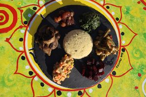 Mushrooms, spinach, okra, beets, vegetable vegan Mayo salad, onions, couscous   at Mad Irie in Crete
