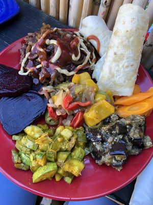 Zucchini, veggie burger, beets, eggplant, bell peppers  at Mad Irie in Crete