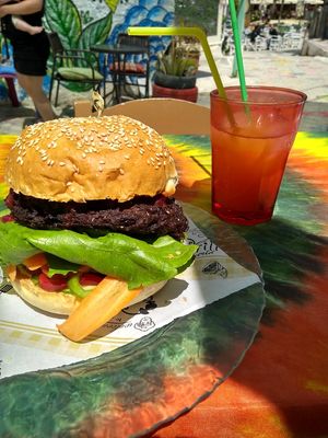 Vegan burger and fresh orange juice. Yummie!! at Mad Irie in Crete