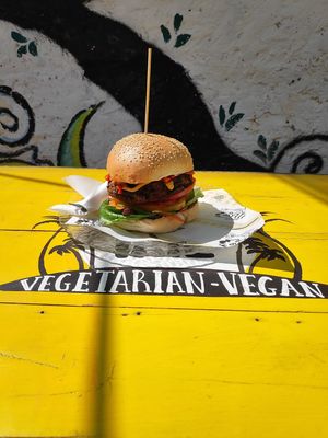 Huge burger with lots of veggies and love form amazing owners. at Mad Irie in Crete