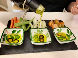 Pinzimonio is a simple appetizer, perfect for the tasting of different kinds of Bartolomei Extravergine Olive Oil. Just Three types of oil and vegetable crudités. at Oleoteca Bartolomei l'Olio Orvieto con Cucina in Orvieto