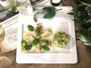 Cannellini beans with green sauce and broad bean crouton. A fresh and tasty way to eat legumes also in the summer. at Oleoteca Bartolomei l'Olio Orvieto con Cucina in Orvieto