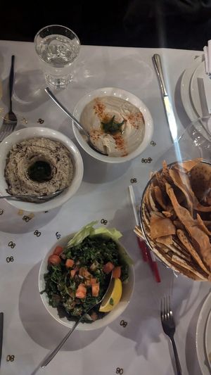 Hommos, Baba ghannouj, Tabouleh, Pita bread at Dunyazad in Balwyn North