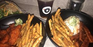 vegan tenders, fries, & rice on right at Ponko Chicken in Atlanta