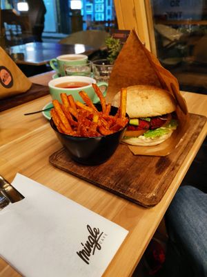 Vegan Burger and Sweet Potato Fries at Mingle Cafe in Larnaca