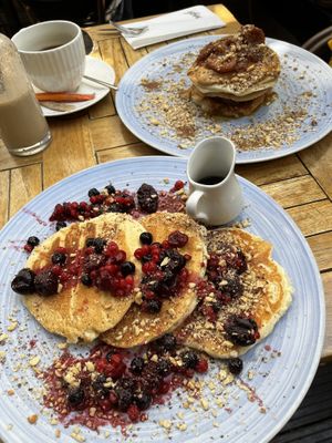 All vegan pancakes and smoothie and coffee  at Mingle Cafe in Larnaca