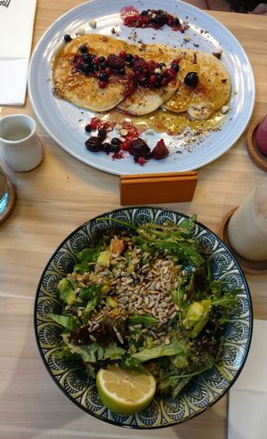 Quinoa salad and vegan pancakes at Mingle Cafe in Larnaca