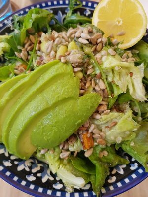 Vegan quinoa sweet potato avocado bowl at Mingle Cafe in Larnaca