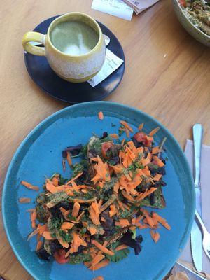 Vegan toast and matcha latte  at Noshi Coffee in Porto