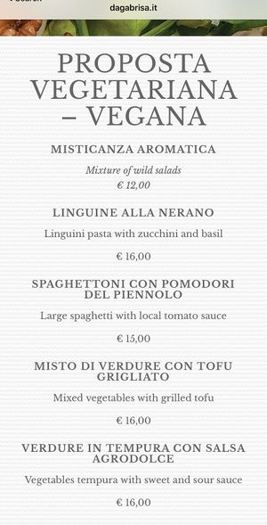 Vegan menu at Da Gabrisa in Positano