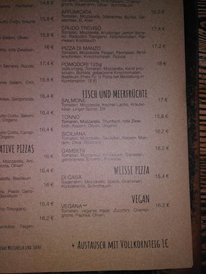 Menu at La Pizzeria in Maribor