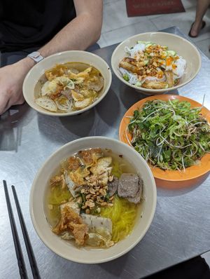 (nearest)- mi guang. (Left) Bun bo hue. (Right) Bun cha ram. at Au Lac Chay - Bach Dang in Nha Trang