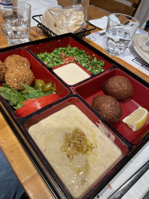 Falafels and vegan kibbeh with a sweet tahini hummus.   at Tahin  in Istanbul