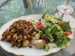 Gyros-champignons-potatoes-salad was amazing good.  at Die Gute Stube in Mainz