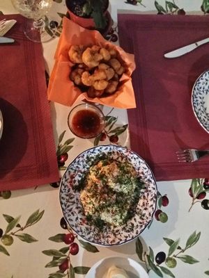 Avocado with vegan mayonnaise and fried cauliflower with spicy dipping sauce at Meson Mudejar in Archez