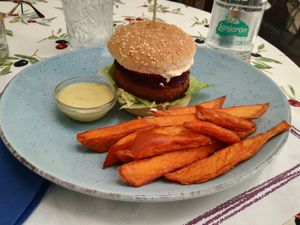 The Beyond Burger with sweet potato fries at Meson Mudejar in Archez