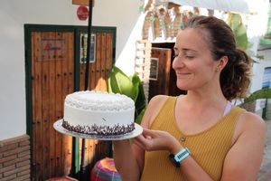 Chocolate, coffee, and cream cake at Meson Mudejar in Archez