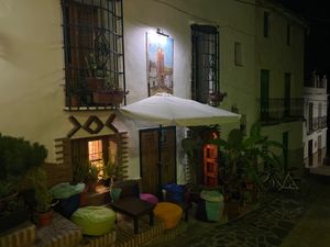 Main facade on night time at Meson Mudejar in Archez