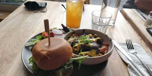 Hempburger with poutine and salad at Lola Rosa - Places des Festivals in Montreal