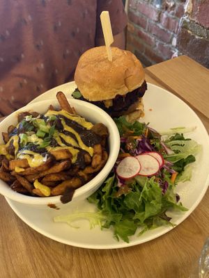 Burger and poutine  at Lola Rosa - Places des Festivals in Montreal