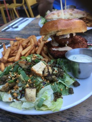 Sweet potato burger with fries and Caesar  at Lola Rosa - Places des Festivals in Montreal