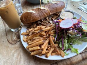 Cheesesteak with pretzel bread   at Lola Rosa - Places des Festivals in Montreal