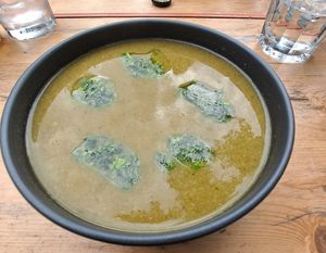 Potato broccoli soup 😋 at Lola Rosa - Places des Festivals in Montreal