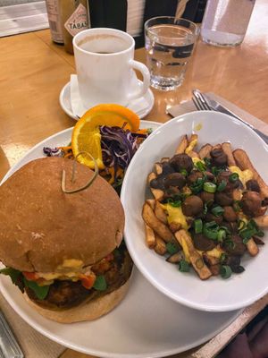 Hemp burger and poutine  at Lola Rosa - Places des Festivals in Montreal