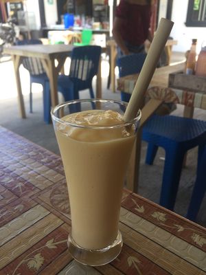 Mango fruit shake with bamboo straw at The Three Bears in Moalboal