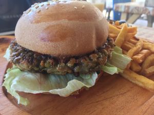 The burger patties is made up of beans, onion and  I don’t know whatXD taste good at The Three Bears in Moalboal