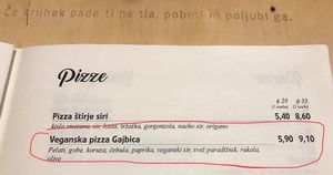 Vegan pizza in the menu.

Photo by: Sebastjan T. on Facebook at Pizzerija Dimnik in Trbovlje